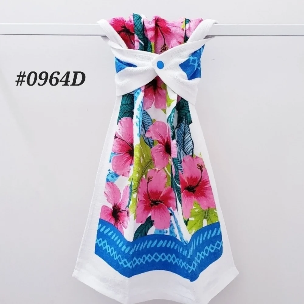 #0964-D ●NEW! HIBISCUS Hang'N'Snap hand towel 🤍Royal Blue Plastic Snap